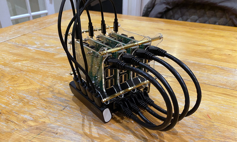 The assembled Raspberry Pi cluster. Pretty isn't it.